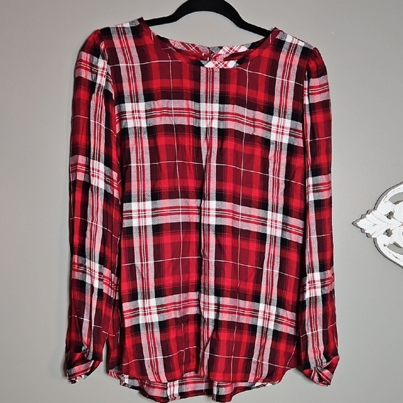 LOFT Red and Black Relaxed Blouse with Buttoned Front - Picture 1 of 6